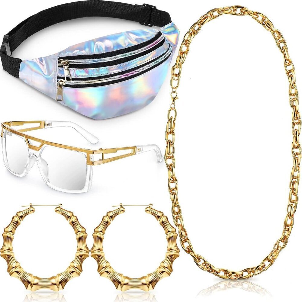 Hip Hop Woman Costume Kit Fanny Pack Sunglasses Jewelry 80s 90s Party